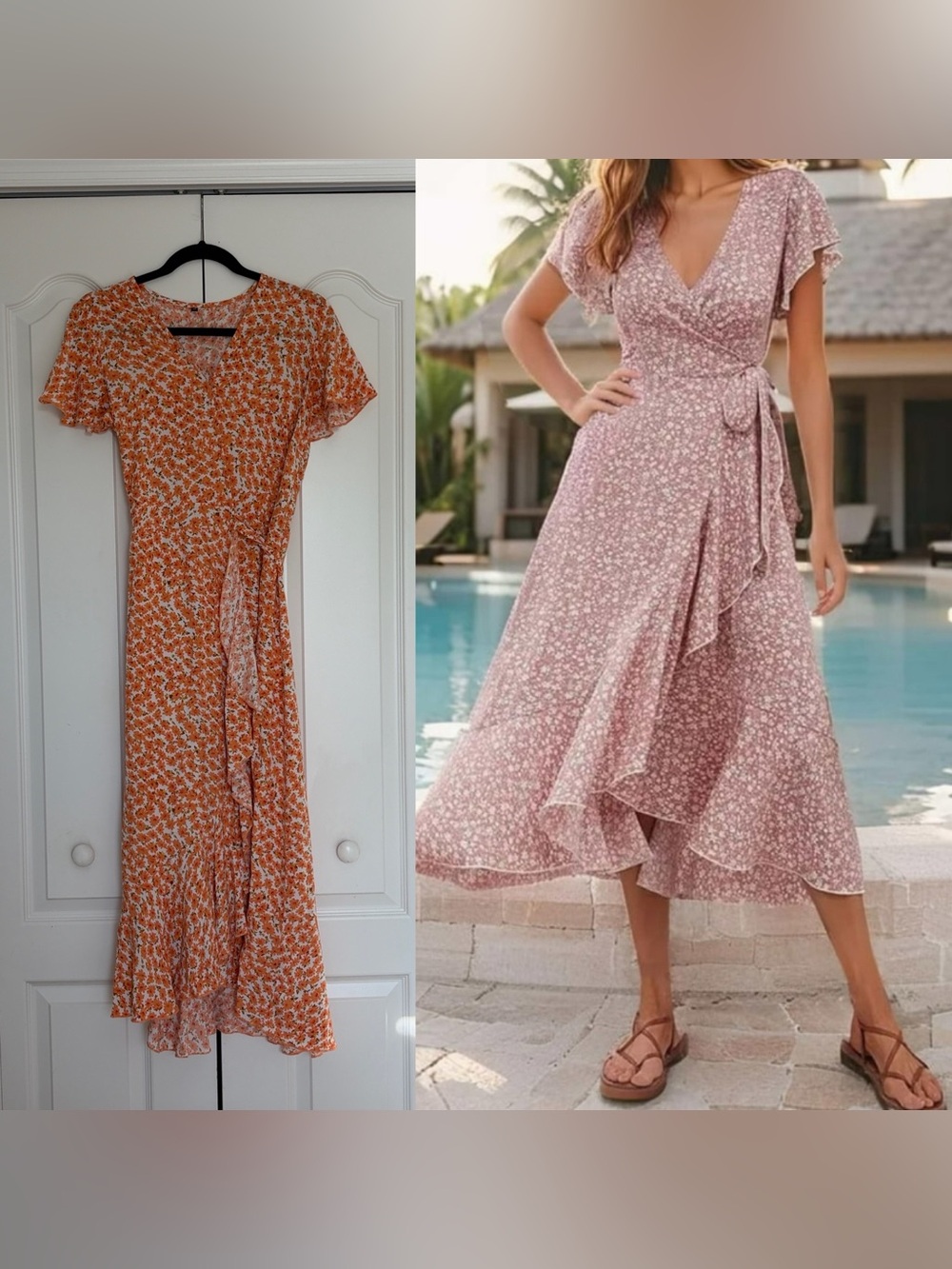 Floral Wrap Midi Dress - Orange and White